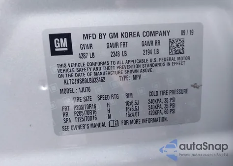 2020 Chevrolet Trax Awd Ls z USA, uszkodzony, nr VIN KL7CJNSB9LB033462